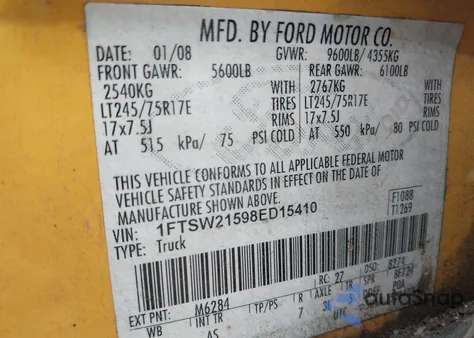 2008 Ford F-250 Fx4/King Ranch/Lariat/Xl/Xlt from USA, damaged, VIN 1FTSW21598ED15410